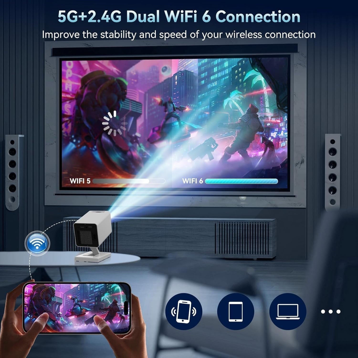 Mini 1080P Smart Projector WiFi 6 Bluetooth 4K Support Auto Keystone