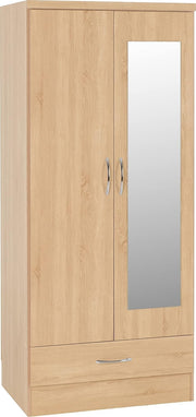 Mirrored 2 Door Oak Effect Wardrobe with Drawer – Bedroom Storage Unit