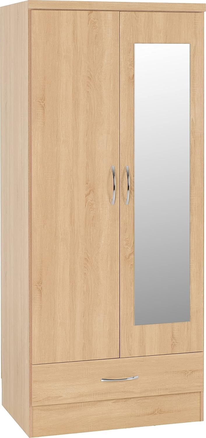 Mirrored 2 Door Oak Effect Wardrobe with Drawer – Bedroom Storage Unit