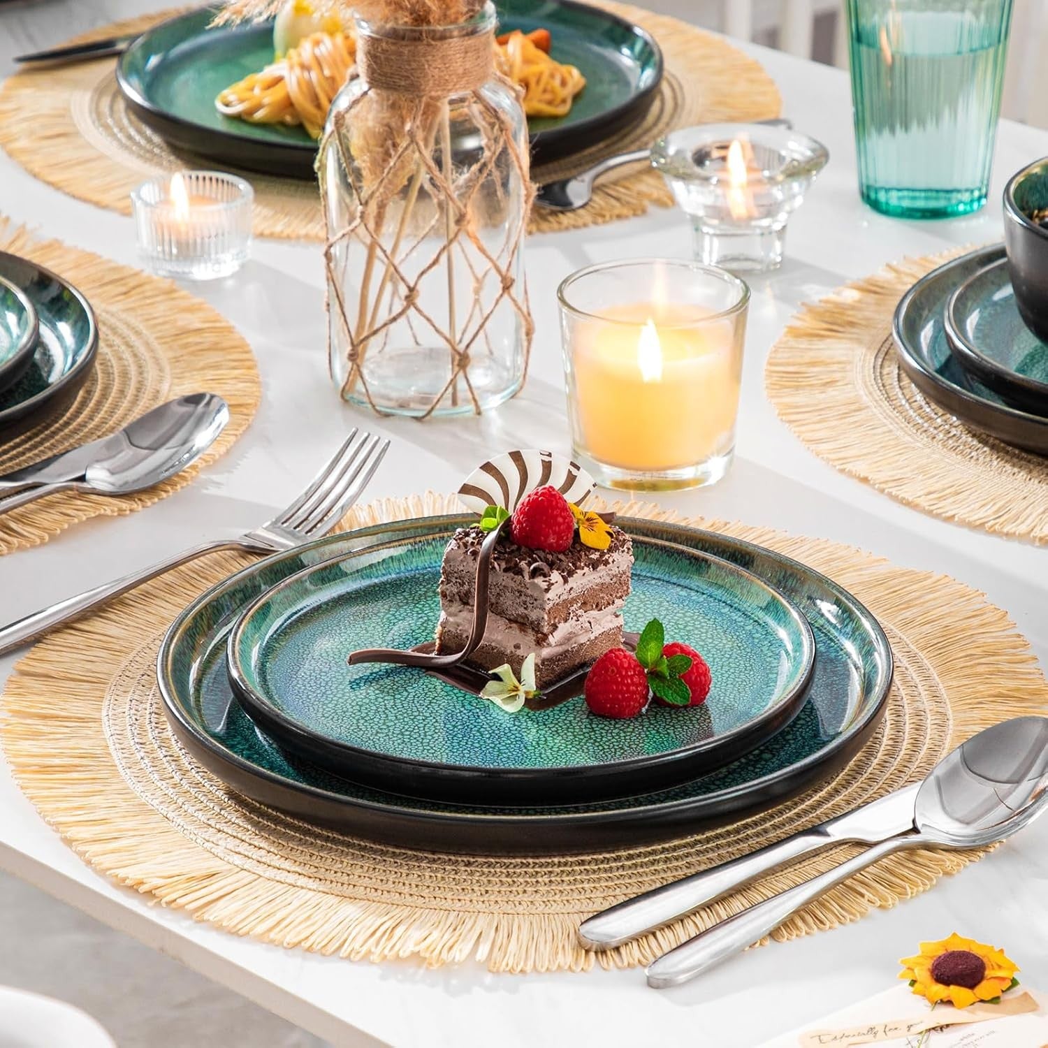 18pc Green Stoneware Dinner Set Reactive Glaze Plates Bowls Microwave Safe