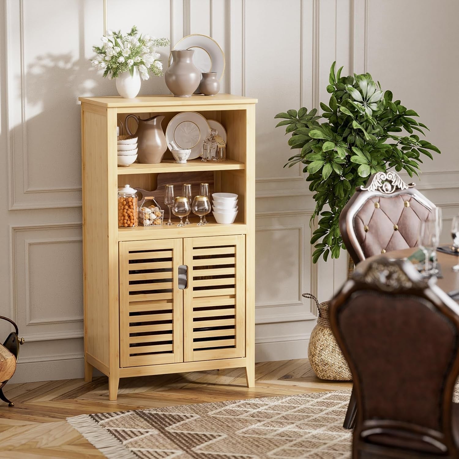 Natural Bamboo Floor Cabinet with Shutter Doors Adjustable Shelves