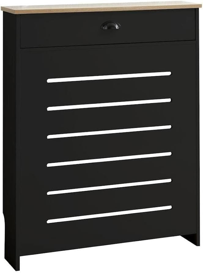 Black Radiator Cover 78x19x96cm Modern MDF Heating Cabinet Slatted