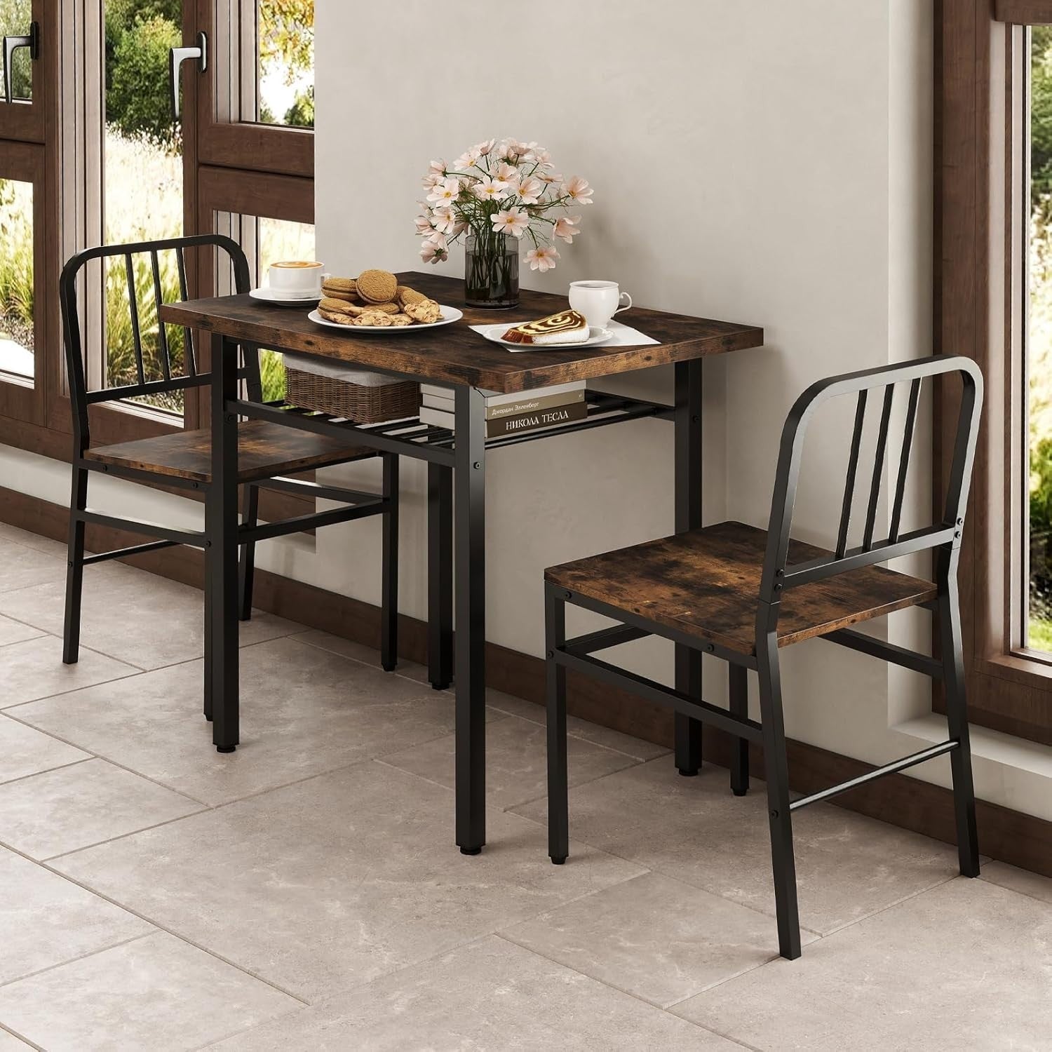 Rectangular 3-Piece Kitchen Dining Set with Storage Rack & Metal Frame Chairs