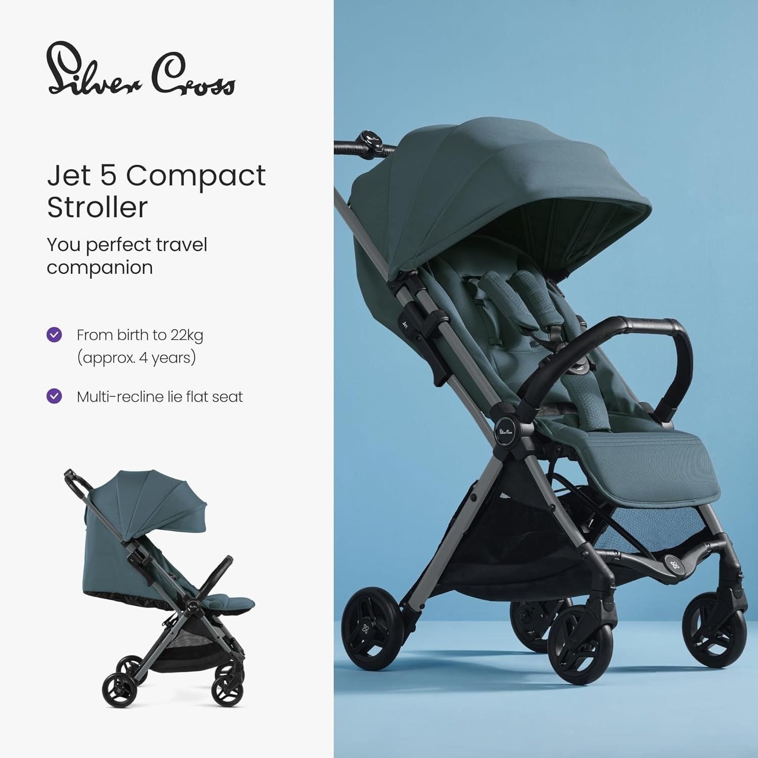 Cabin Size Travel Pushchair Lie-Flat Lightweight Foldable Stroller 0–22kg