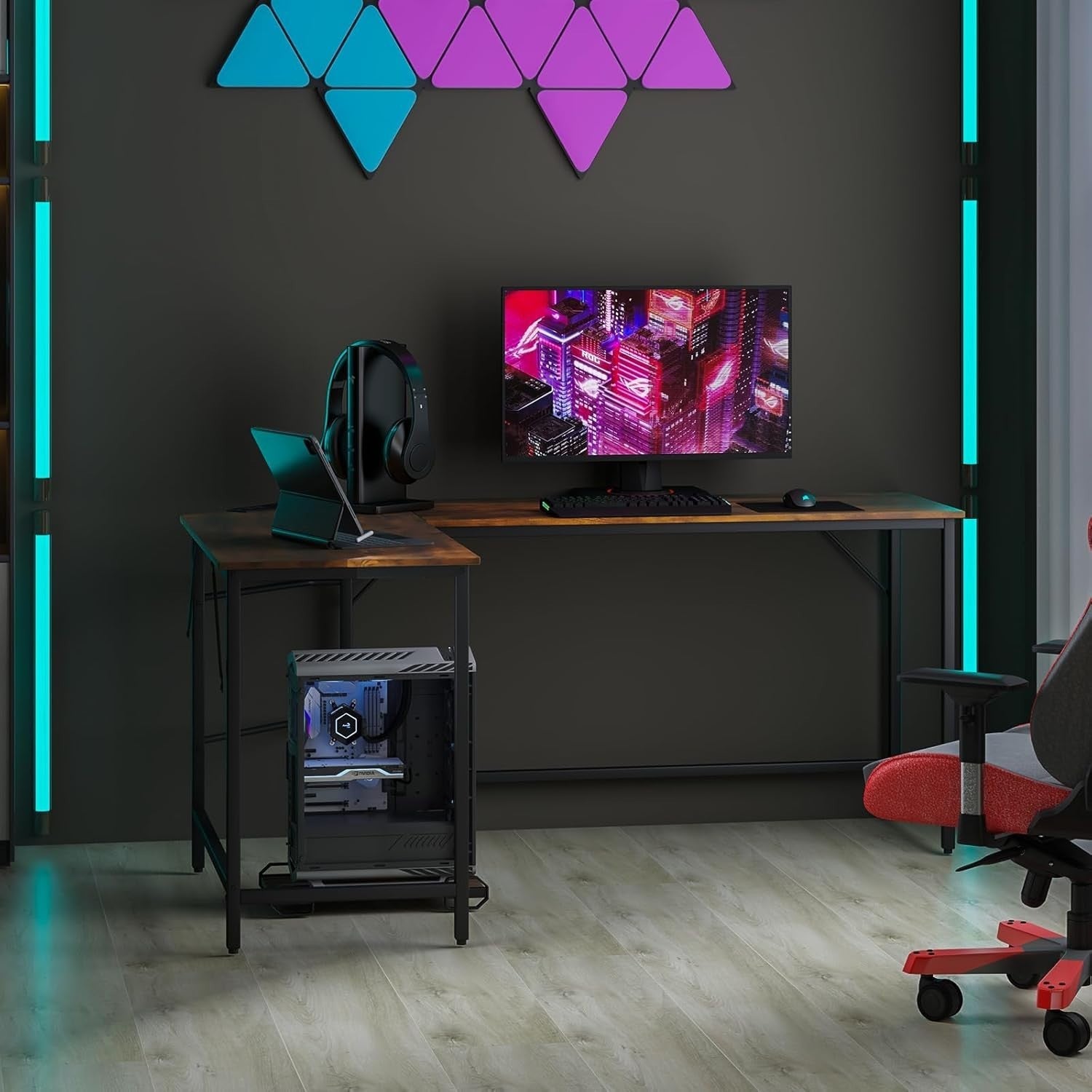 Rustic Brown L-Shaped Desk 168cm Corner Computer Table with CPU Stand