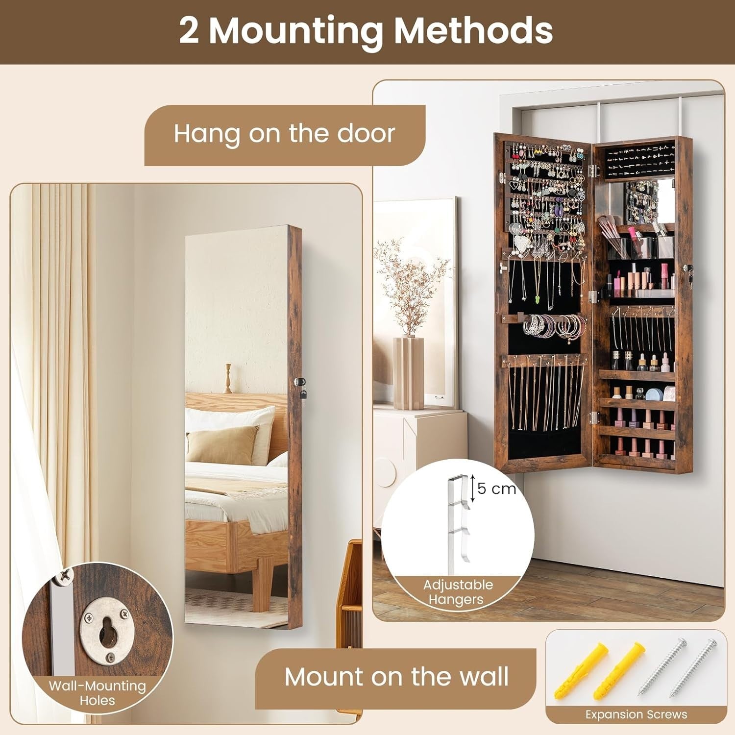 Rustic Brown Wall Door Jewelry Armoire Lockable Full Length Mirror