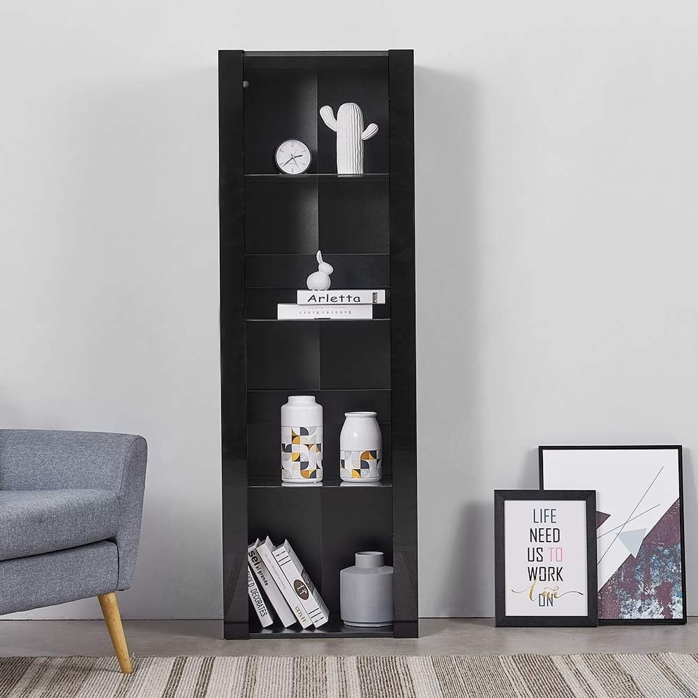 Tall Black Display Cabinet with Glass Shelves & RGB LED Lights Modern Storage