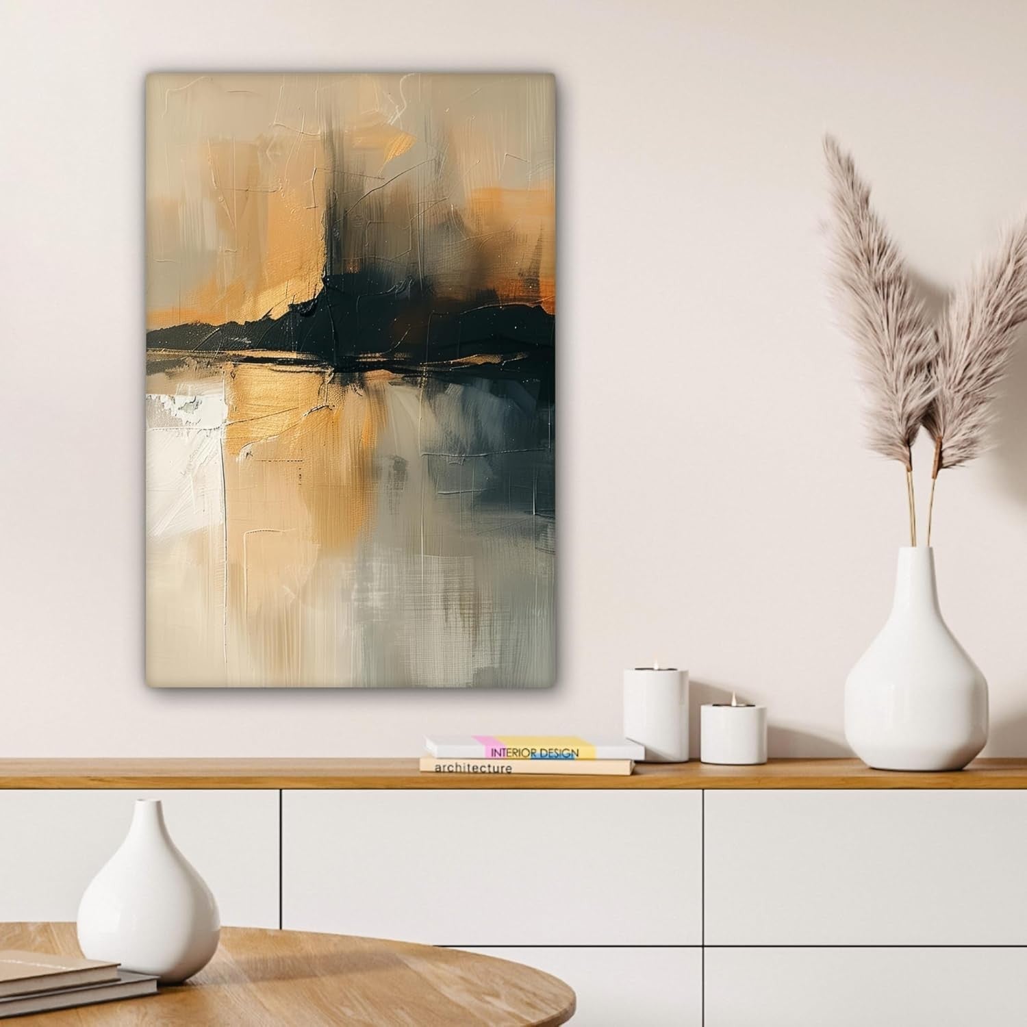 Abstract Canvas Wall Art 40x60cm Modern Beige Black Living Room Decor