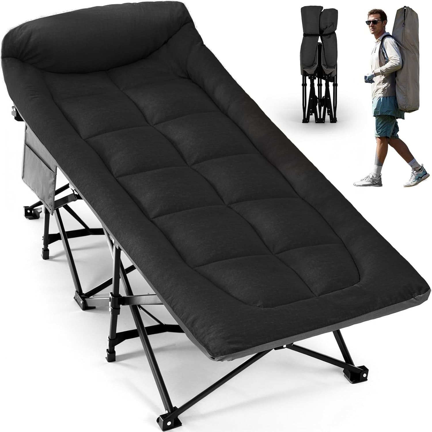 Extra Wide Folding Camping Bed with Cushion & Pillow - Portable Outdoor Cot