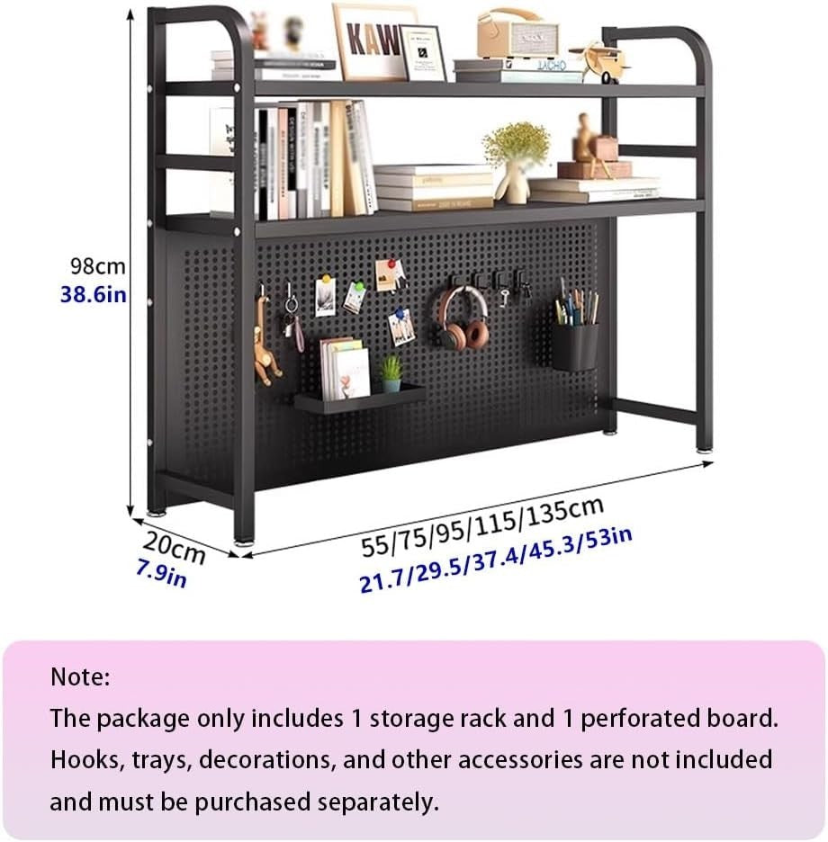 2-Tier Metal Desktop Bookshelf Organizer | White Desk Hutch w/ Pegboard 95cm
