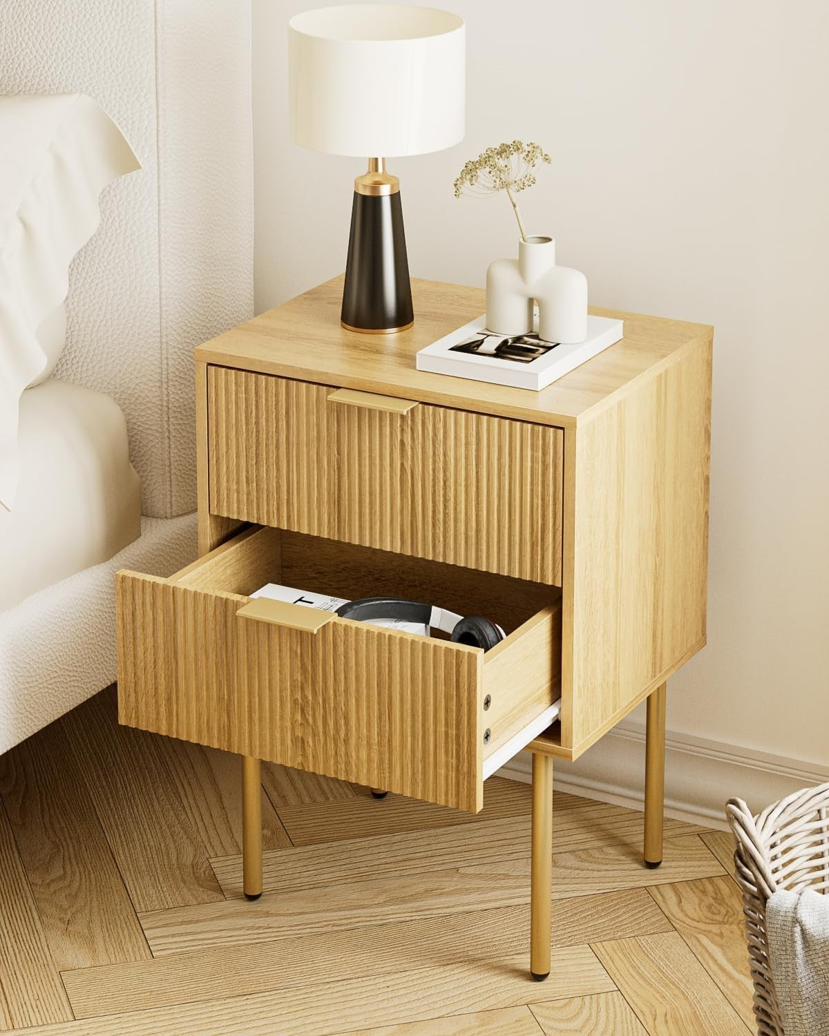 Modern Oak Bedside Table with 2 Drawers & Gold Legs | Wooden Nightstand