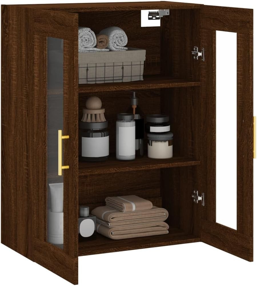 Modern Brown Oak Wall Mounted Storage Cabinet with Glass & Gold Handles