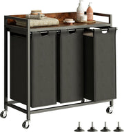 3 Section Laundry Basket with Shelf Removable Bags Wheels Rustic Brown Black