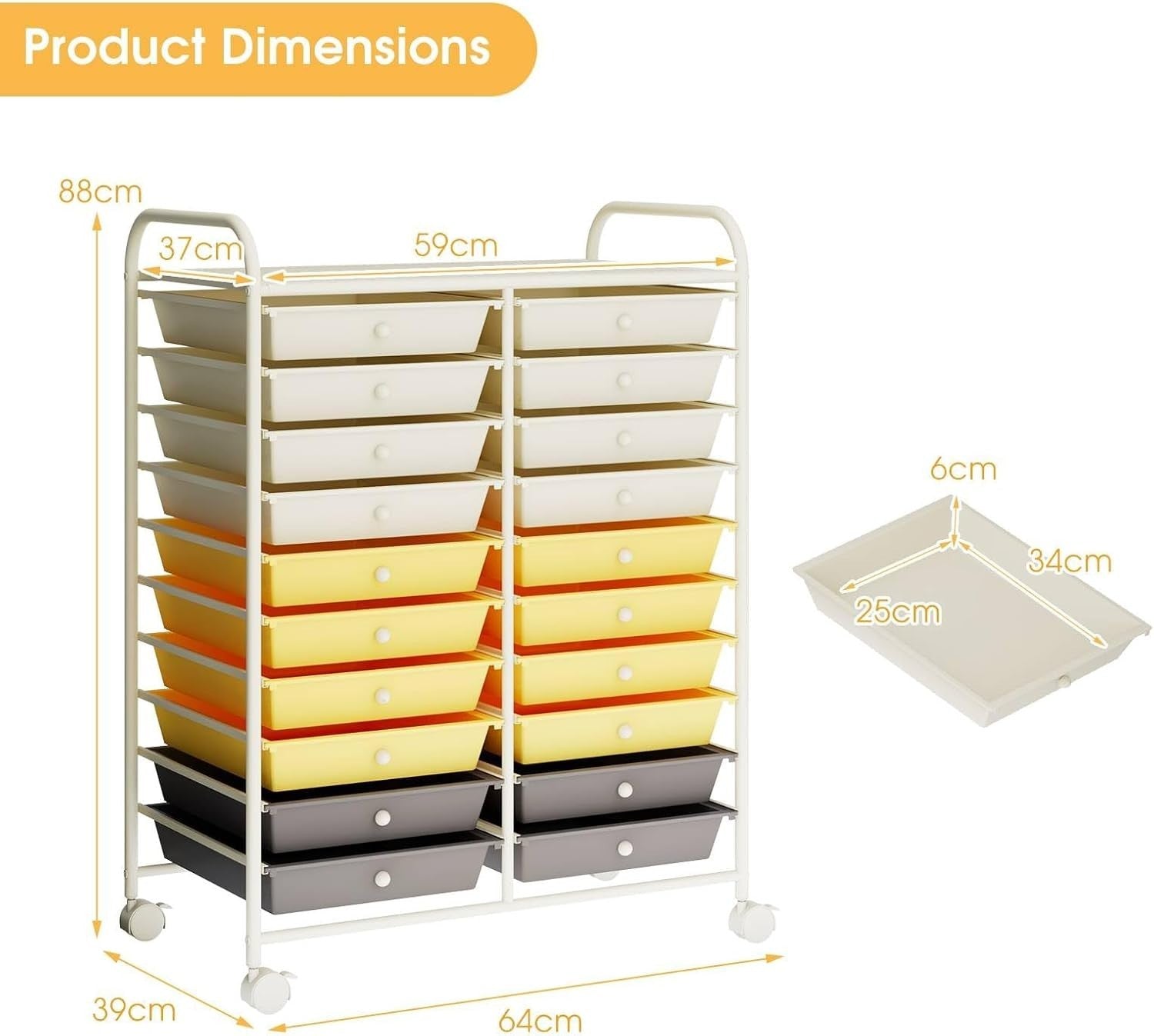 Yellow 20 Drawer Rolling Storage Cart Mobile Utility Organizer Trolley