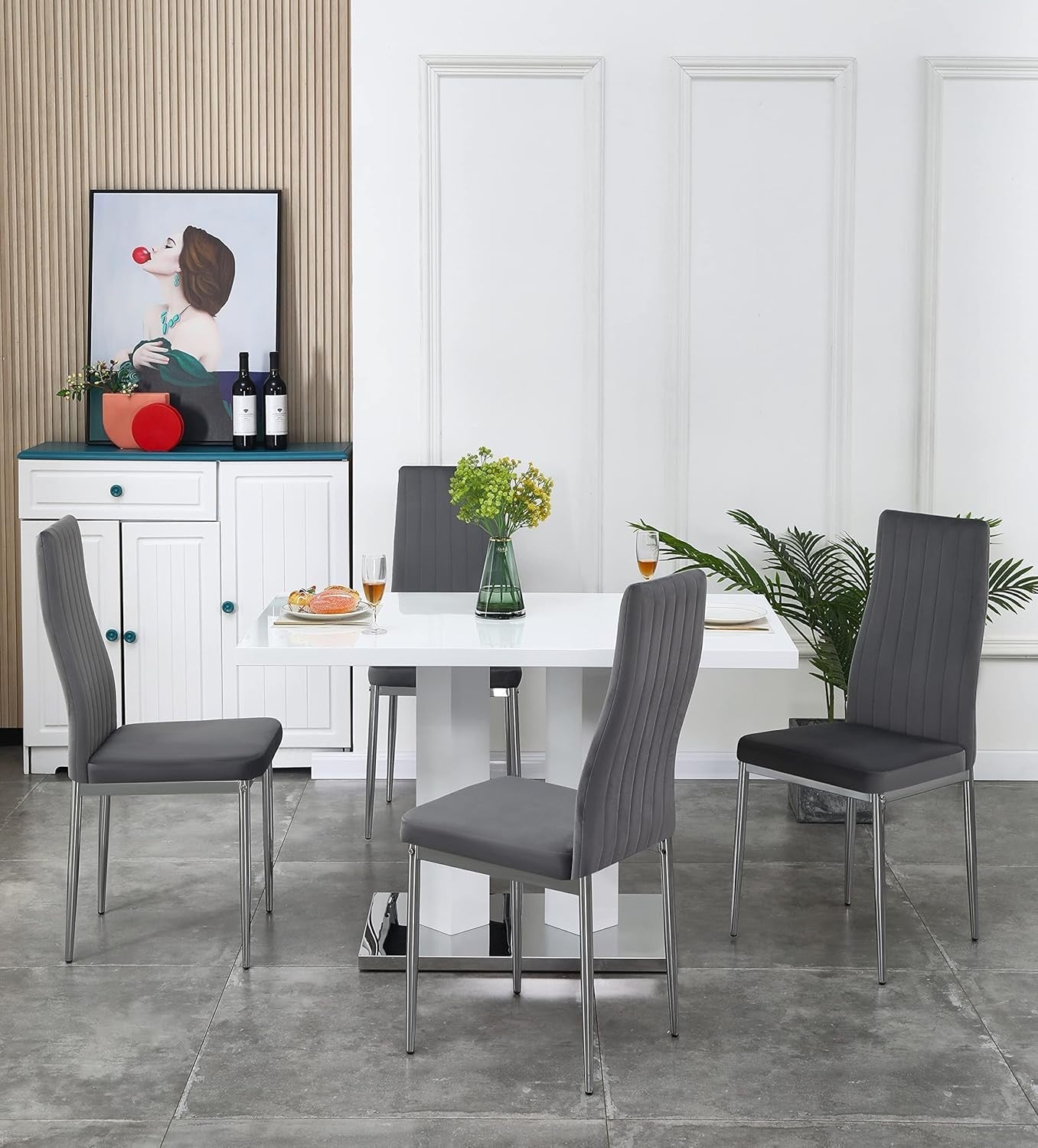 Modern 4-Seater White Dining Table Set with Velvet Chairs - Contemporary Style