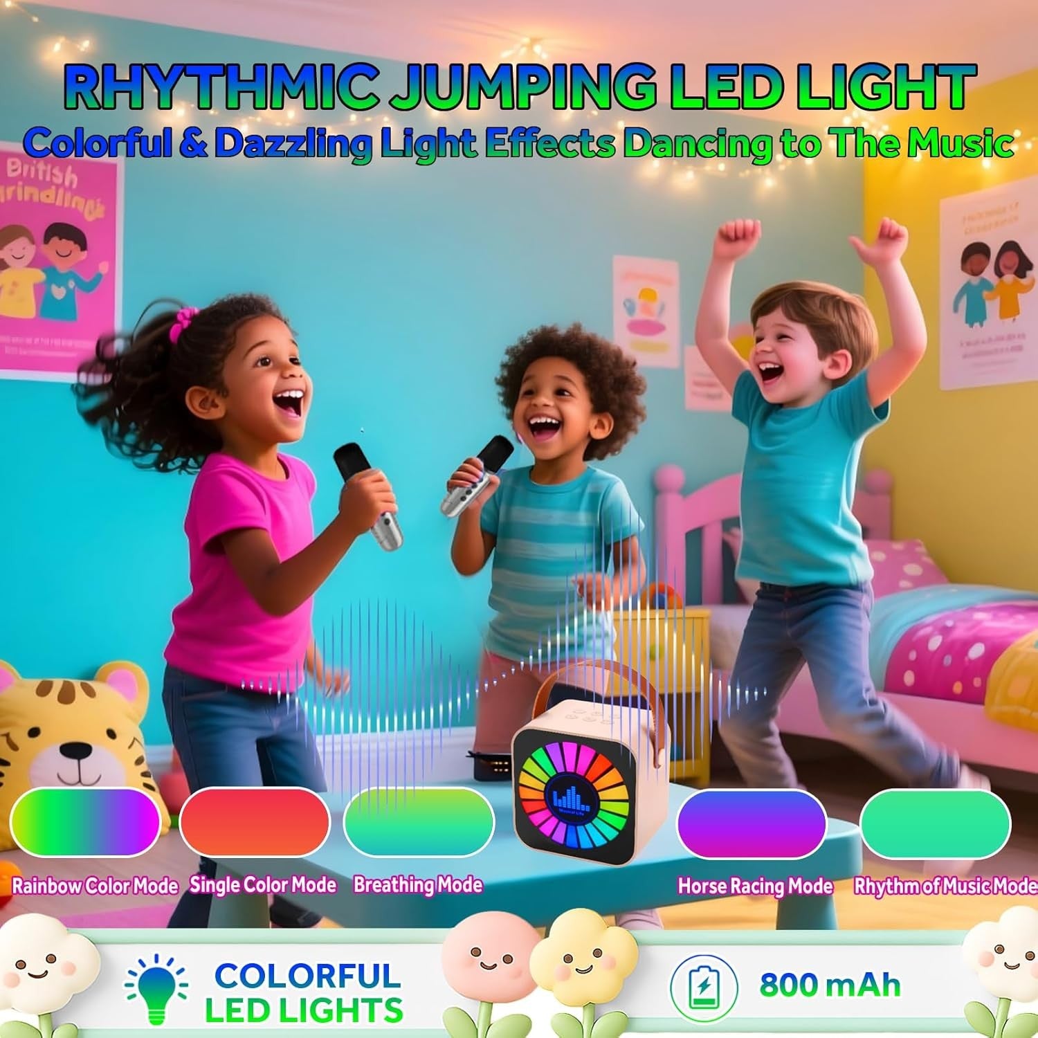 Pink Kids Karaoke Machine with 2 Wireless Mics LED Bluetooth
