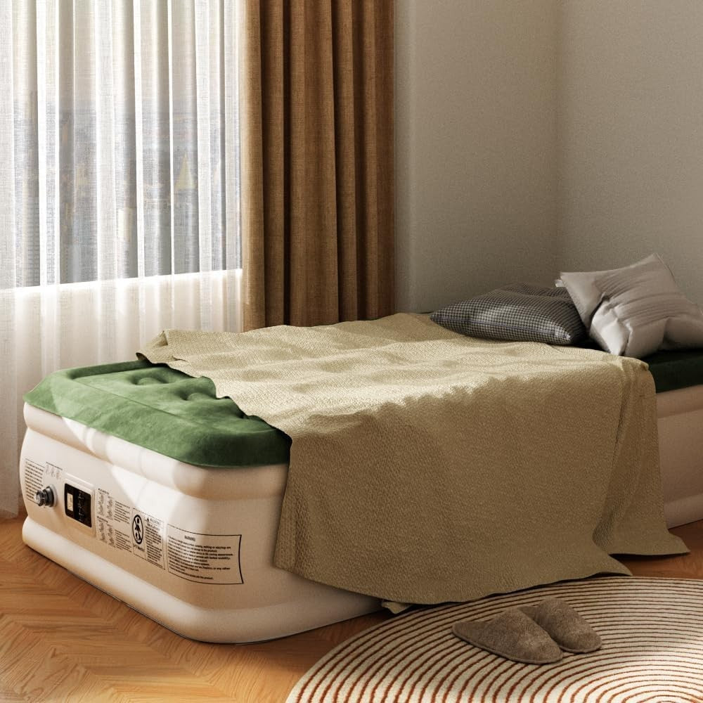 Single Inflatable Air Bed Built-In Electric Pump 46cm Raised Guest Green Mattres