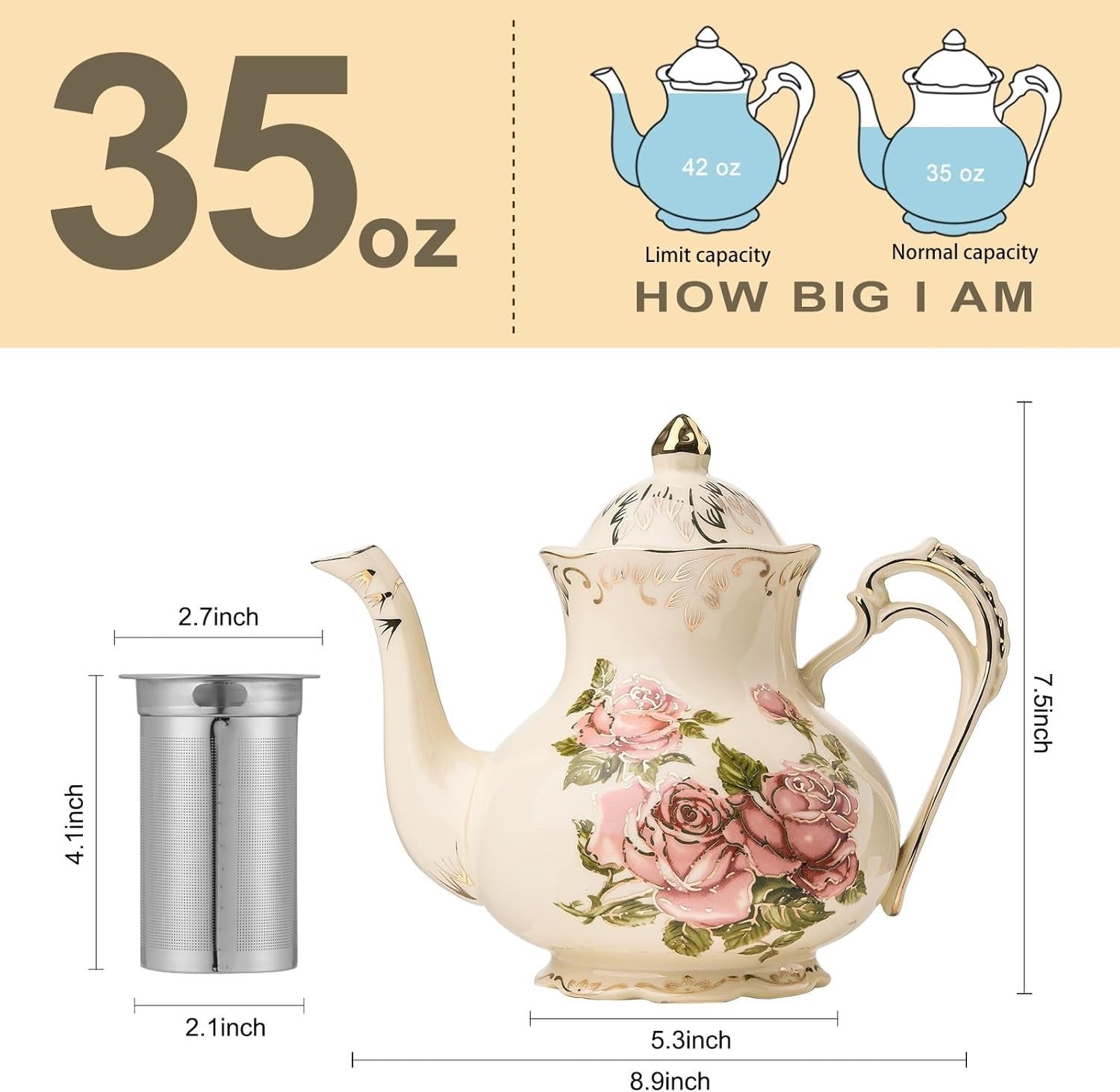 1000ml Floral Porcelain Teapot with Infuser Vintage Rose Gold Trim
