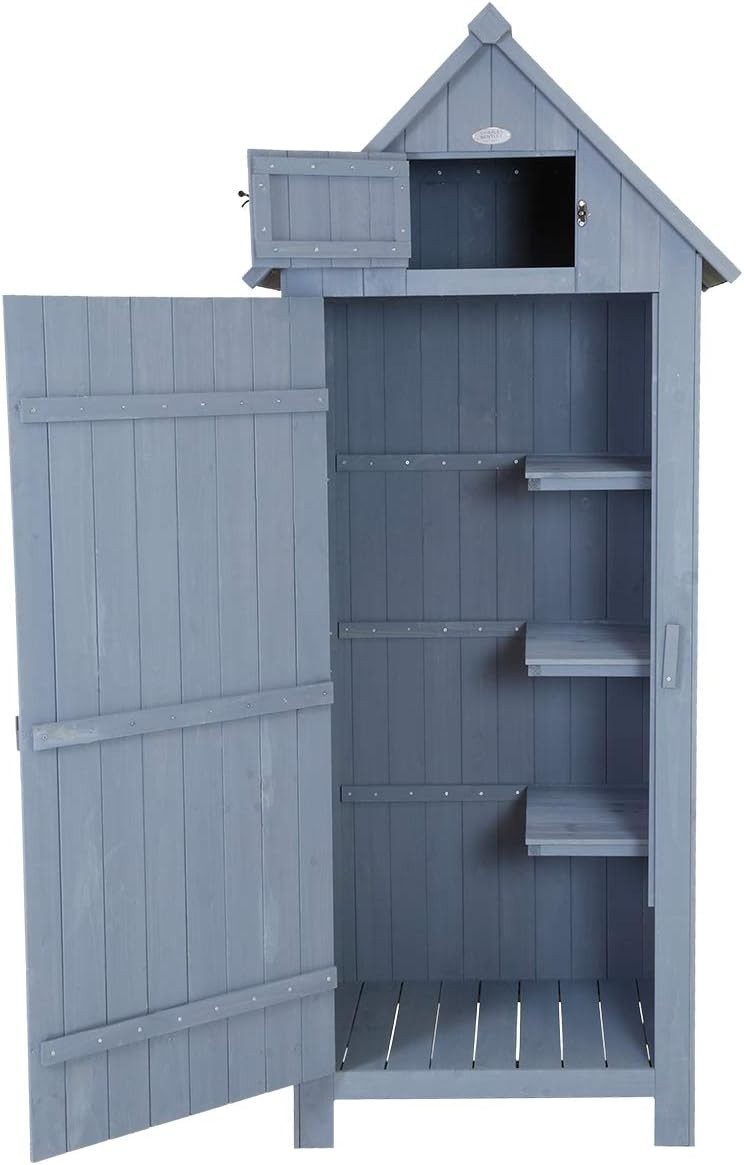 Slim Wooden Garden Storage Shed Tall Outdoor Tool Hutch with Shelves, Lock 179cm