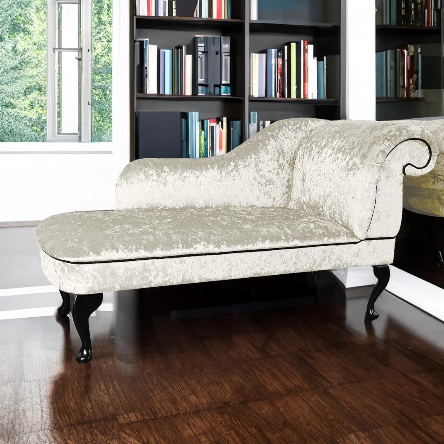 Luxury Left Hand Velvet Chaise Lounge Chair Pearl with Queen Anne Legs.