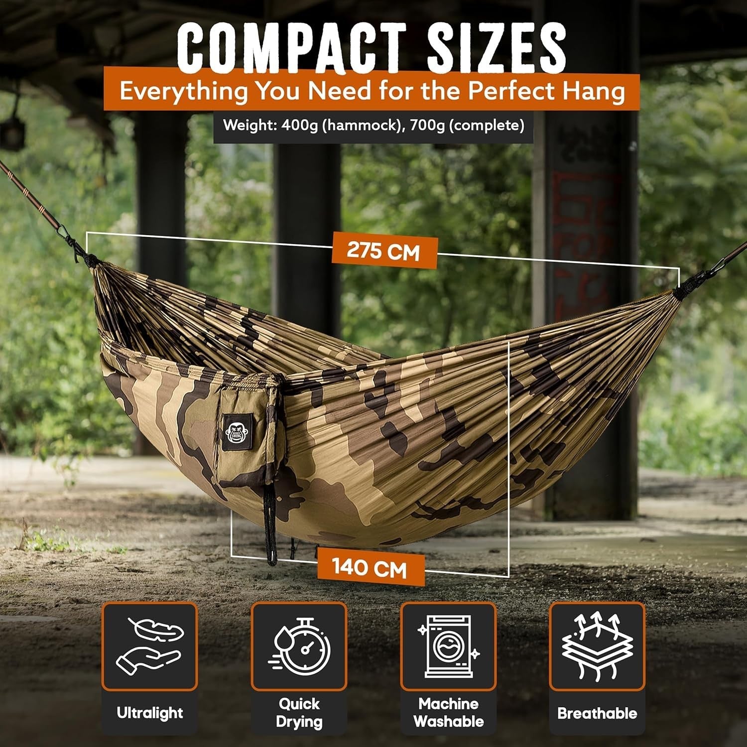Ultralight Camping Hammock Camouflage - 300kg Load, Tree Straps & Carabiners