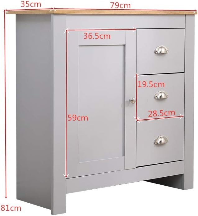 Grey Oak Wooden Side Cabinet 1 Door 3 Drawer Storage Cupboard 79cm