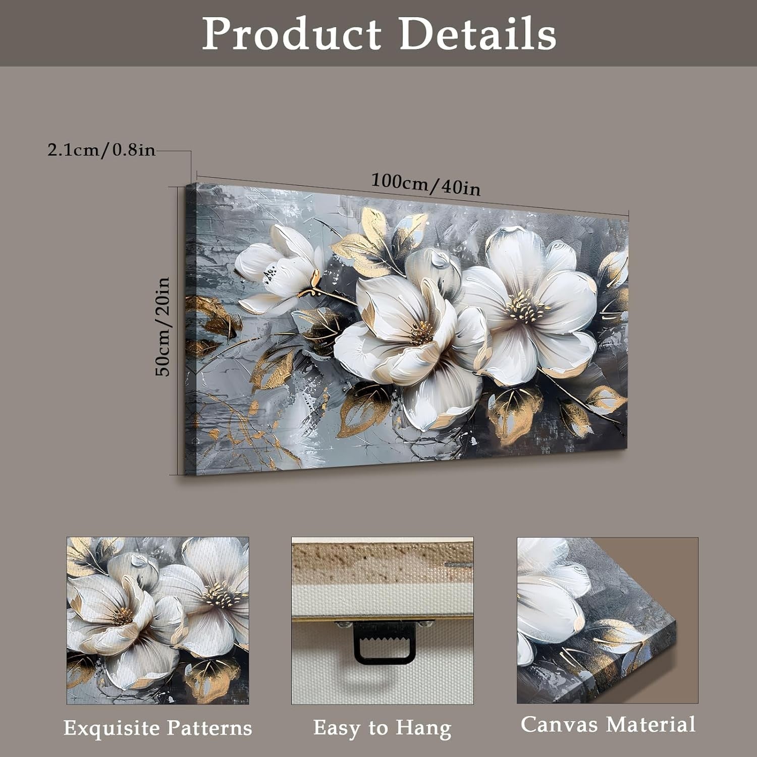 Large White Floral Canvas Wall Art 100x50cm Modern Botanical