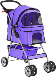 Pet Stroller Dog Cat Pushchair 4 Wheel Foldable Travel Carrier Mesh Purple