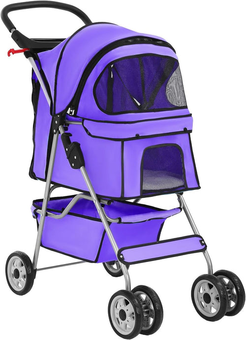 Pet Stroller Dog Cat Pushchair 4 Wheel Foldable Travel Carrier Mesh Purple