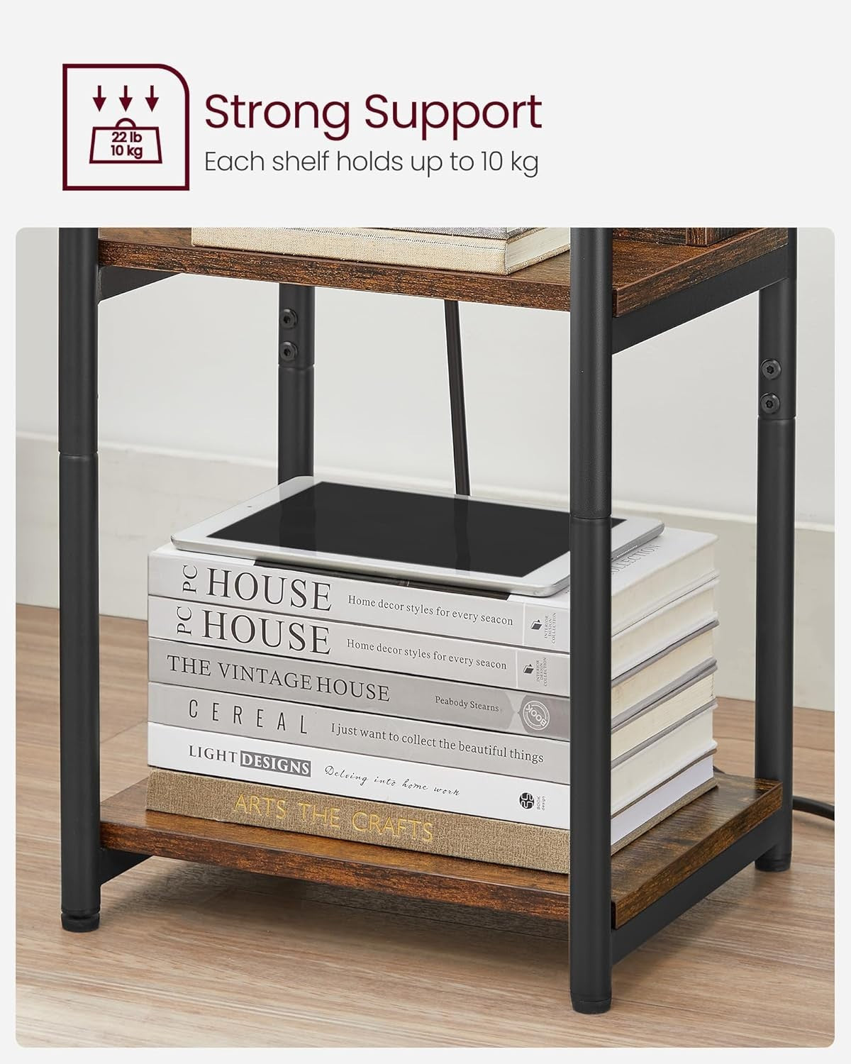 Slim Side Table with USB Charging Ports, 3 Tiers, 30x34x58cm, Rustic