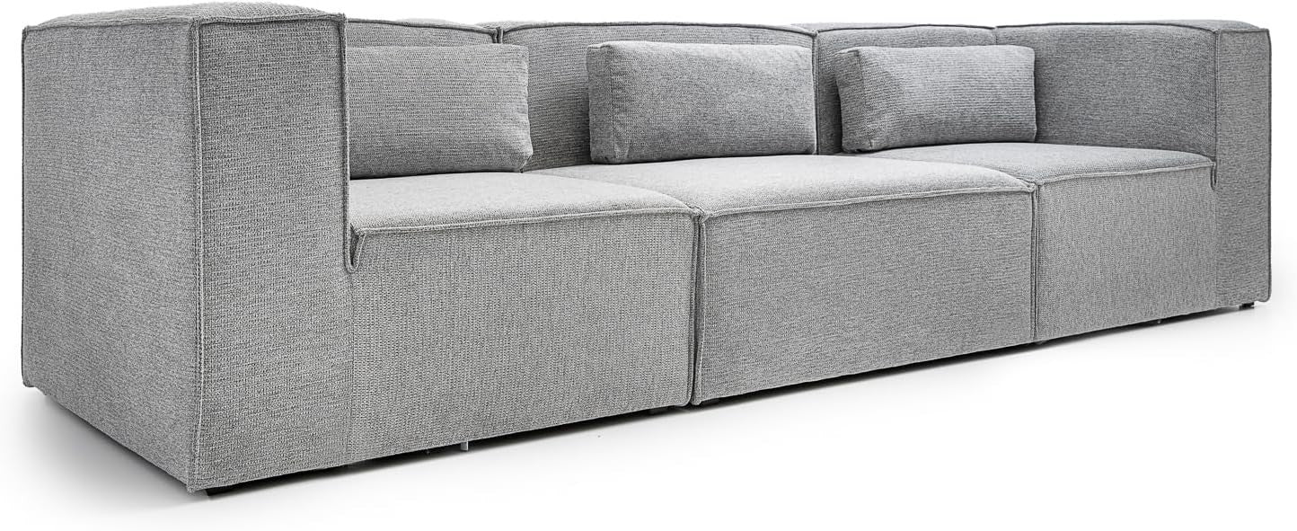Modular 4 Seater Sofa Basket Weave Fabric Deep Cushions Grey 282cm Wide