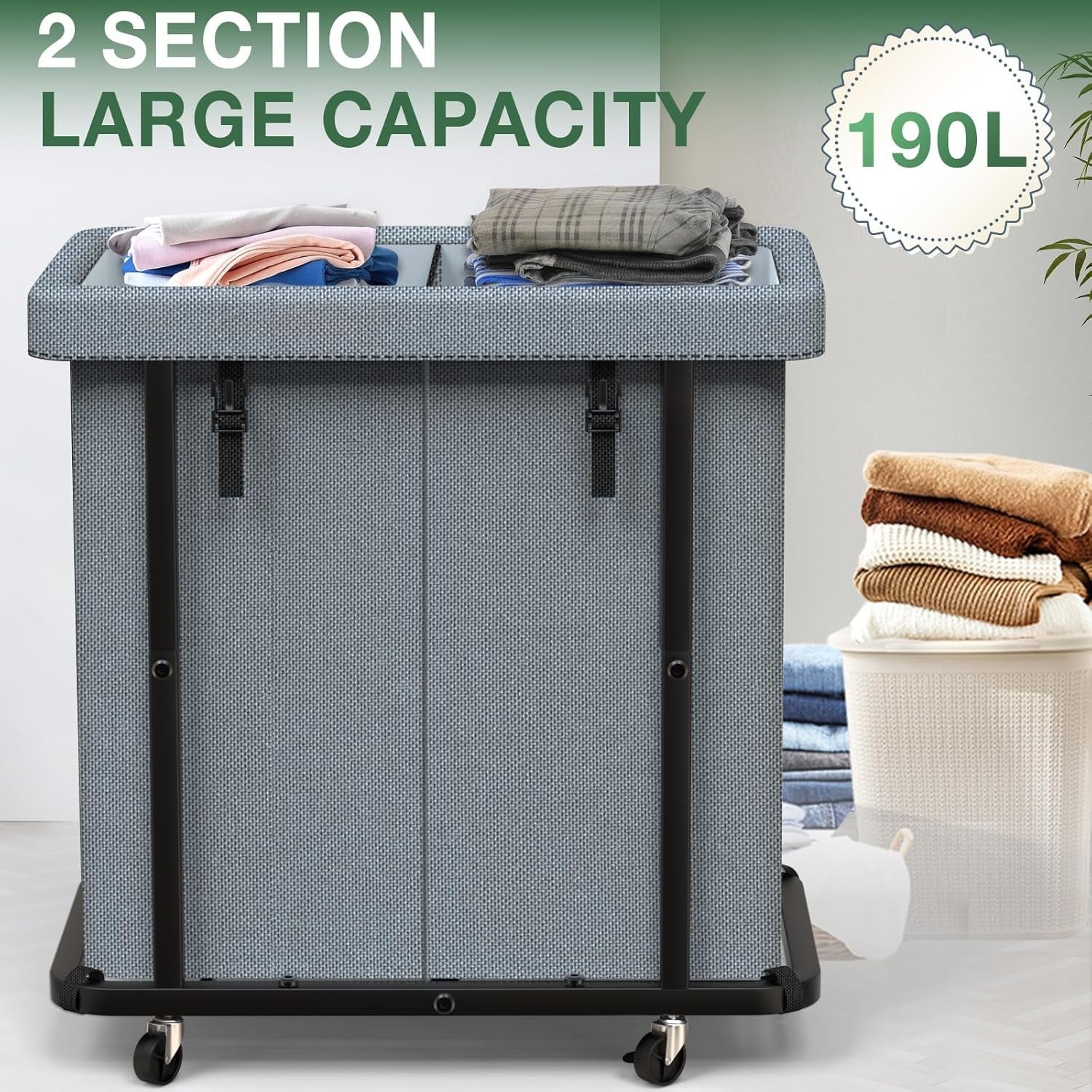190L Grey 2 Section Laundry Hamper Large Rolling Basket Heavy Duty on Wheels