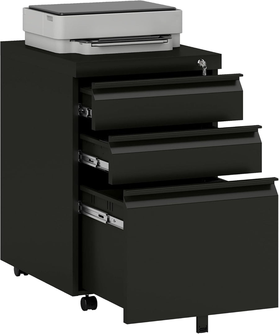 3 Drawer Mobile Filing Cabinet with Lock Under Desk Office Storage Black
