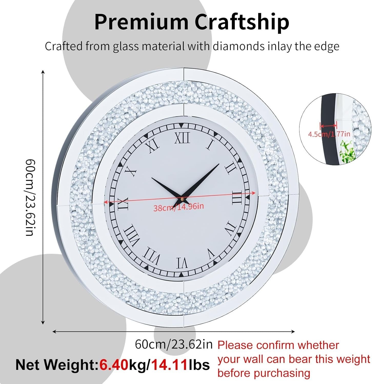 60cm Mirrored Wall Clock Silver Crushed Diamond Inlay Roman Numerals Bling