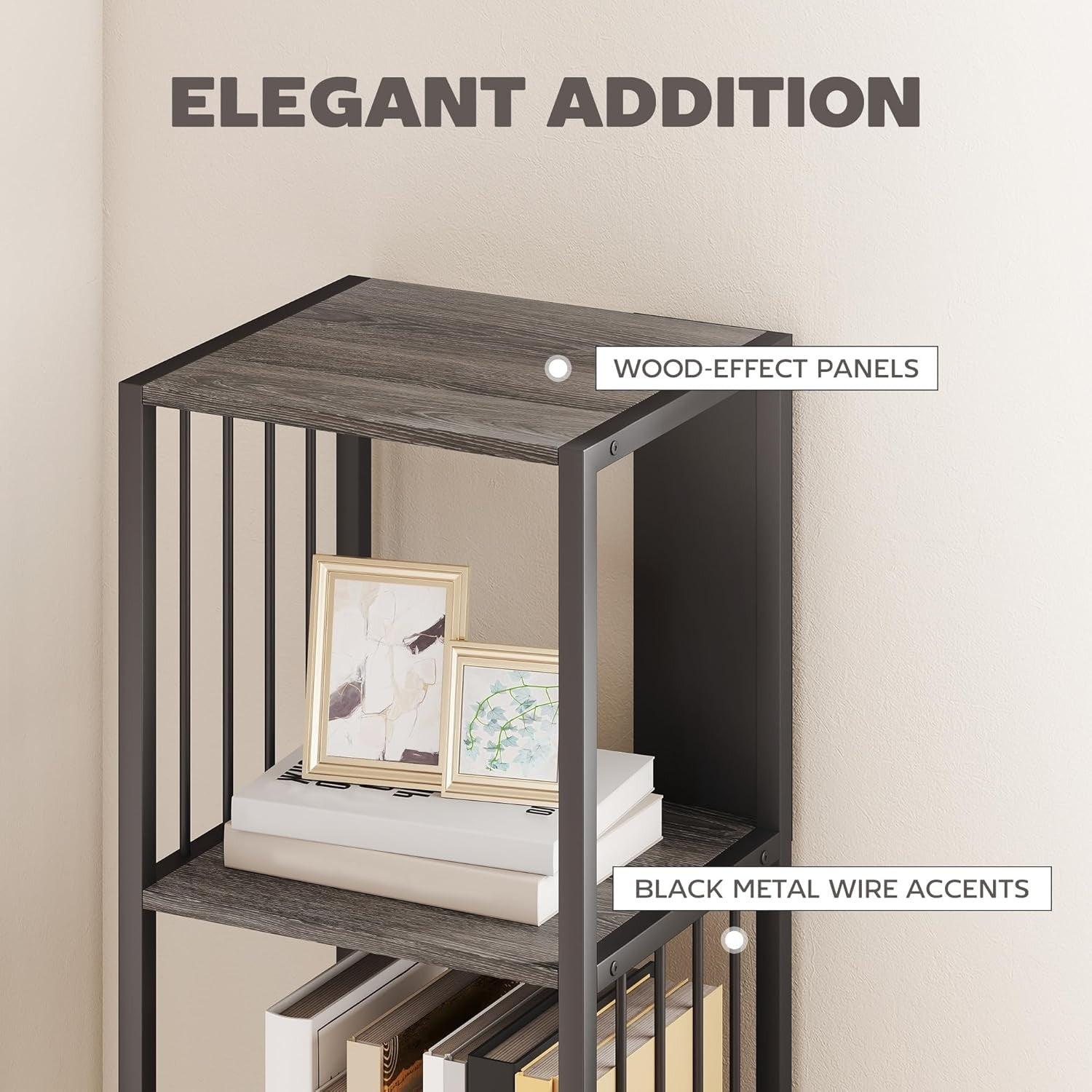 Tall 5-Tier Metal Frame Bookcase Modern Open Display Shelf Unit – Grey