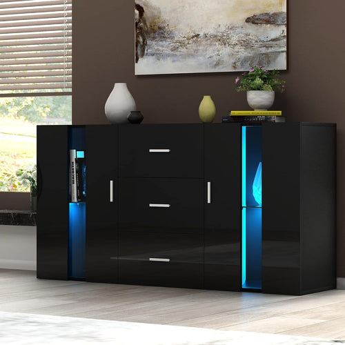 Modern Black LED Sideboard Cabinet 2 Doors 3 Drawers Living Room Storage Unit