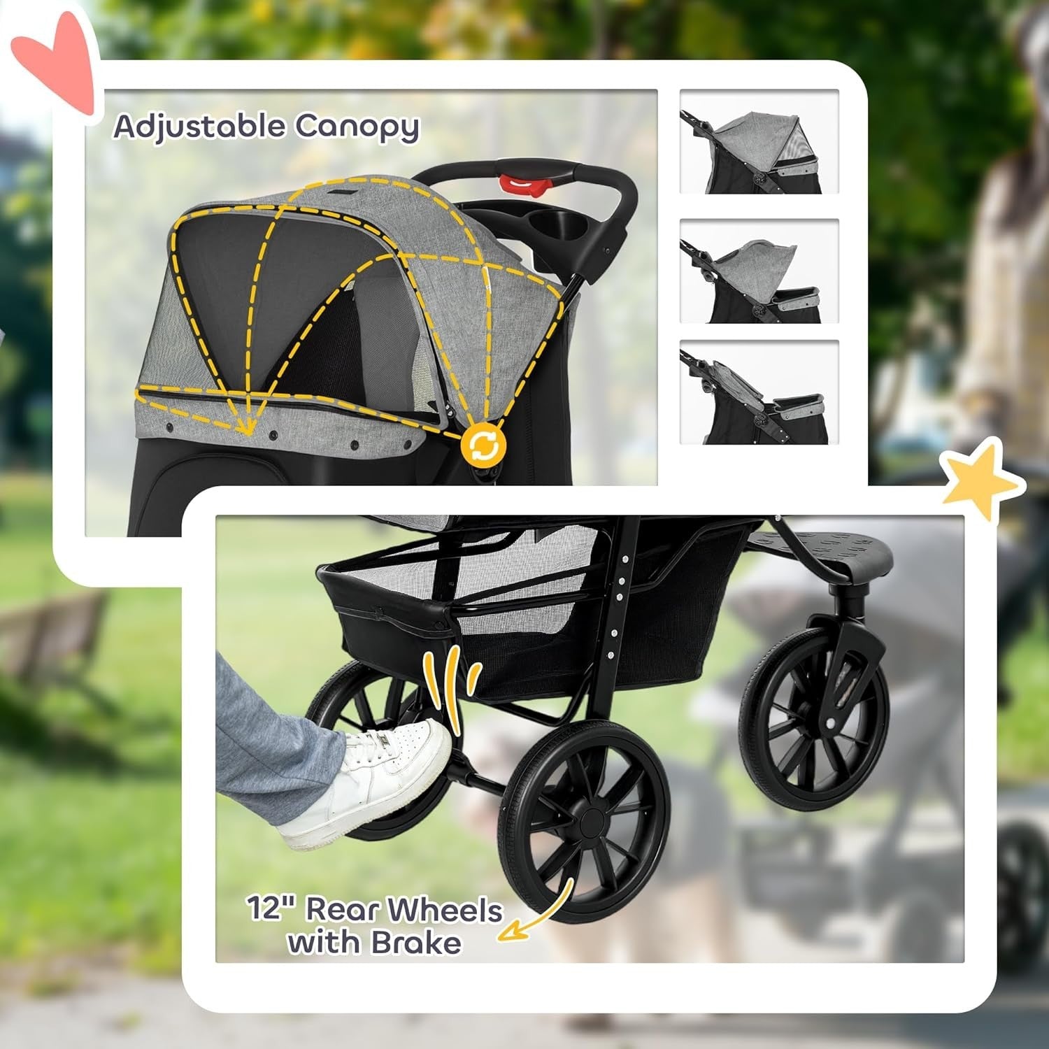 Foldable 3-Wheel Pet Stroller Grey Dog Pram Small Dogs Cats Pushchair