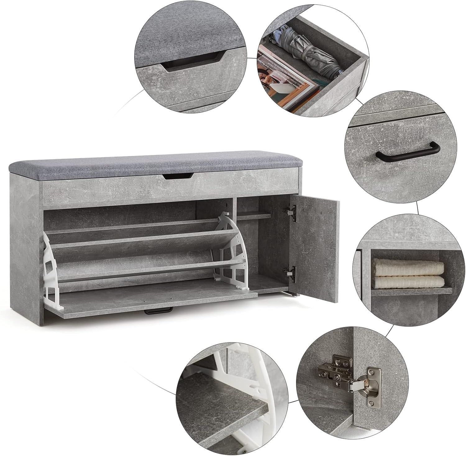 Modern Grey Shoe Storage Bench Seat Flip Drawer Entryway Hallway Wooden Unit