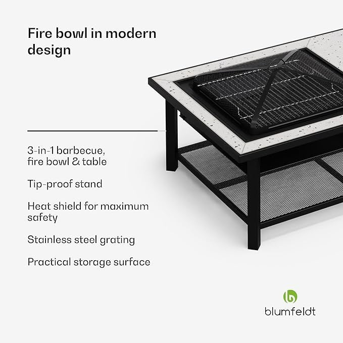 3-in-1 Fire Pit Table BBQ Outdoor Heater & Dining Table Terrazzo Top 122cm
