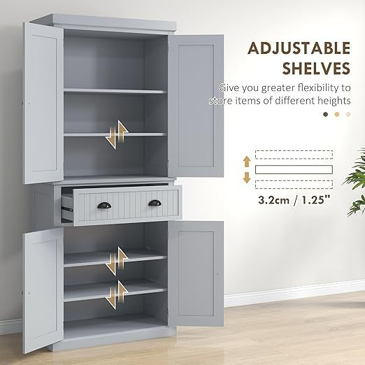 Tall Kitchen Storage Cabinet 4 Door Cupboard with Drawer & Adjustable Shelves