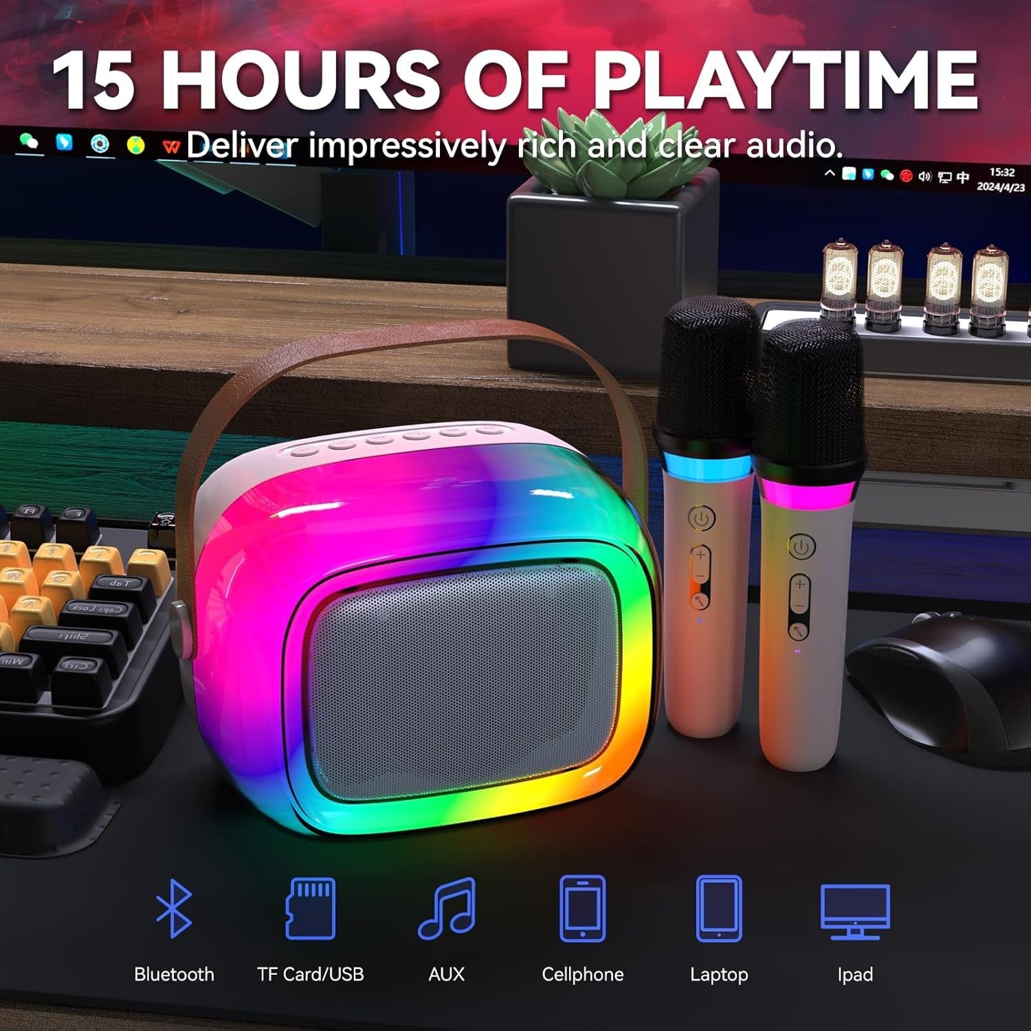 Rainbow LED Karaoke Machine with 2 Wireless Mics Bluetooth