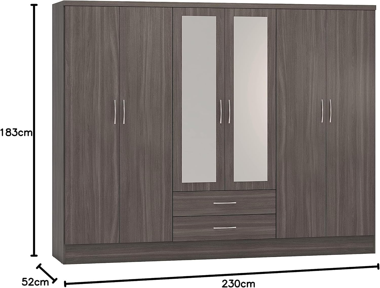 Large 6-Door Black Wood Wardrobe with Mirror & 2 Drawers | Durable Storage