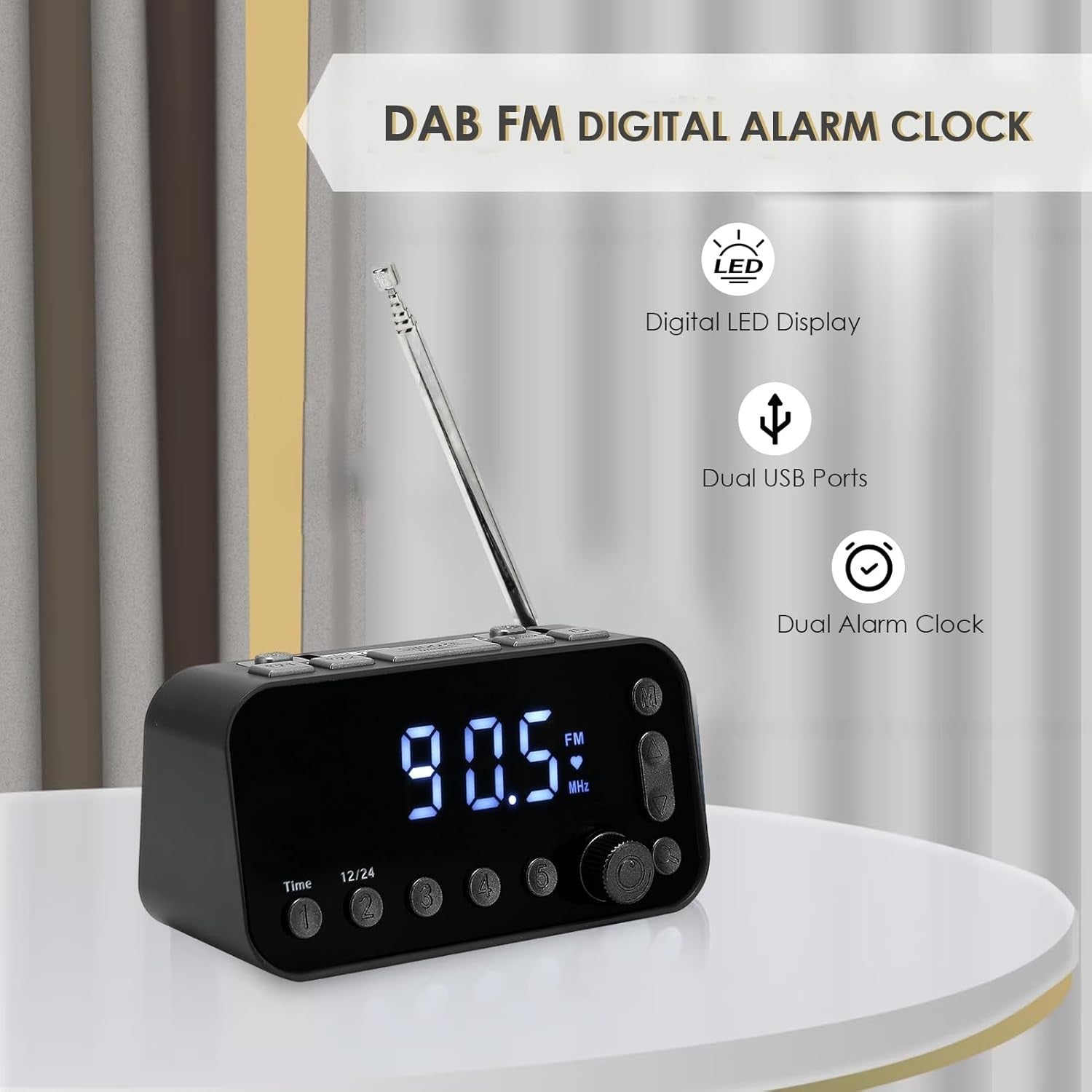 Black DAB FM Digital Alarm Clock Radio Dual Alarm USB Charging LED