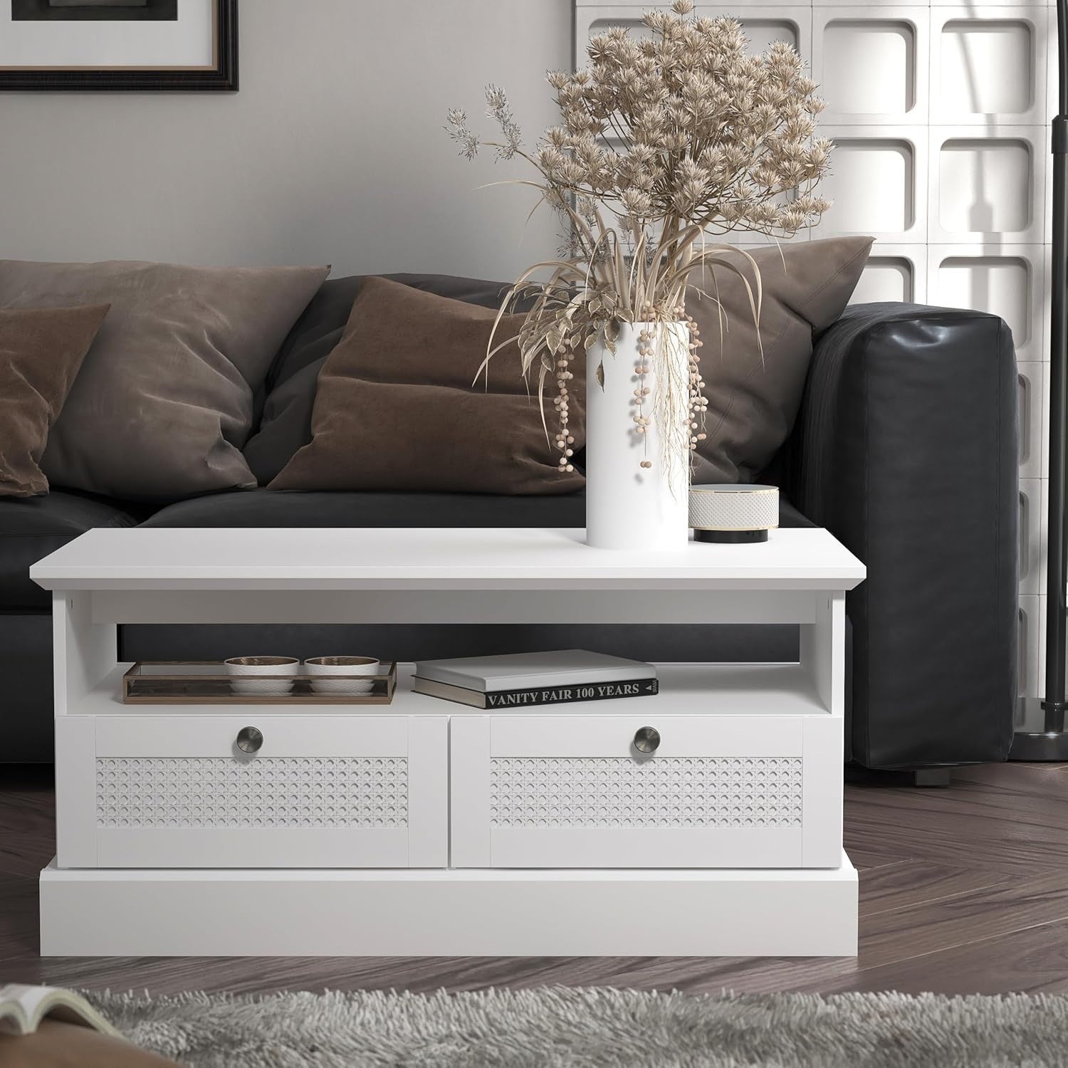 White Rattan Coffee Table with Drawers & Shelf 94x50x44cm Storage Unit