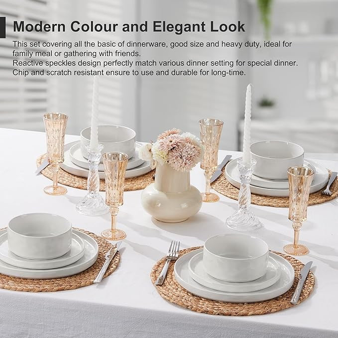 12 Piece Stoneware Dinner Set for 4 Reactive Glaze Plates Bowls White