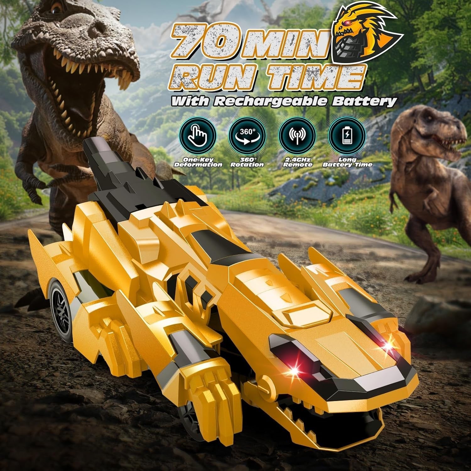 Yellow Transforming Dinosaur RC Car Robot 360° Spin LED Remote Kids Toy