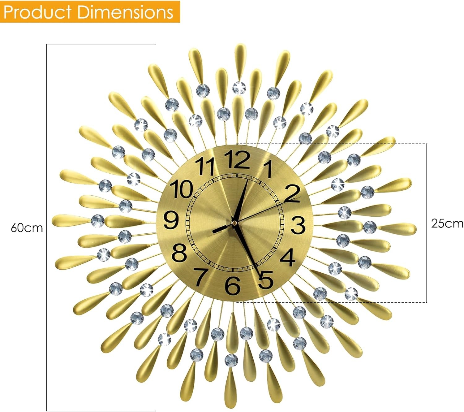 60cm Golden Sunburst Wall Clock – Luxury Diamante Beaded Metal Design