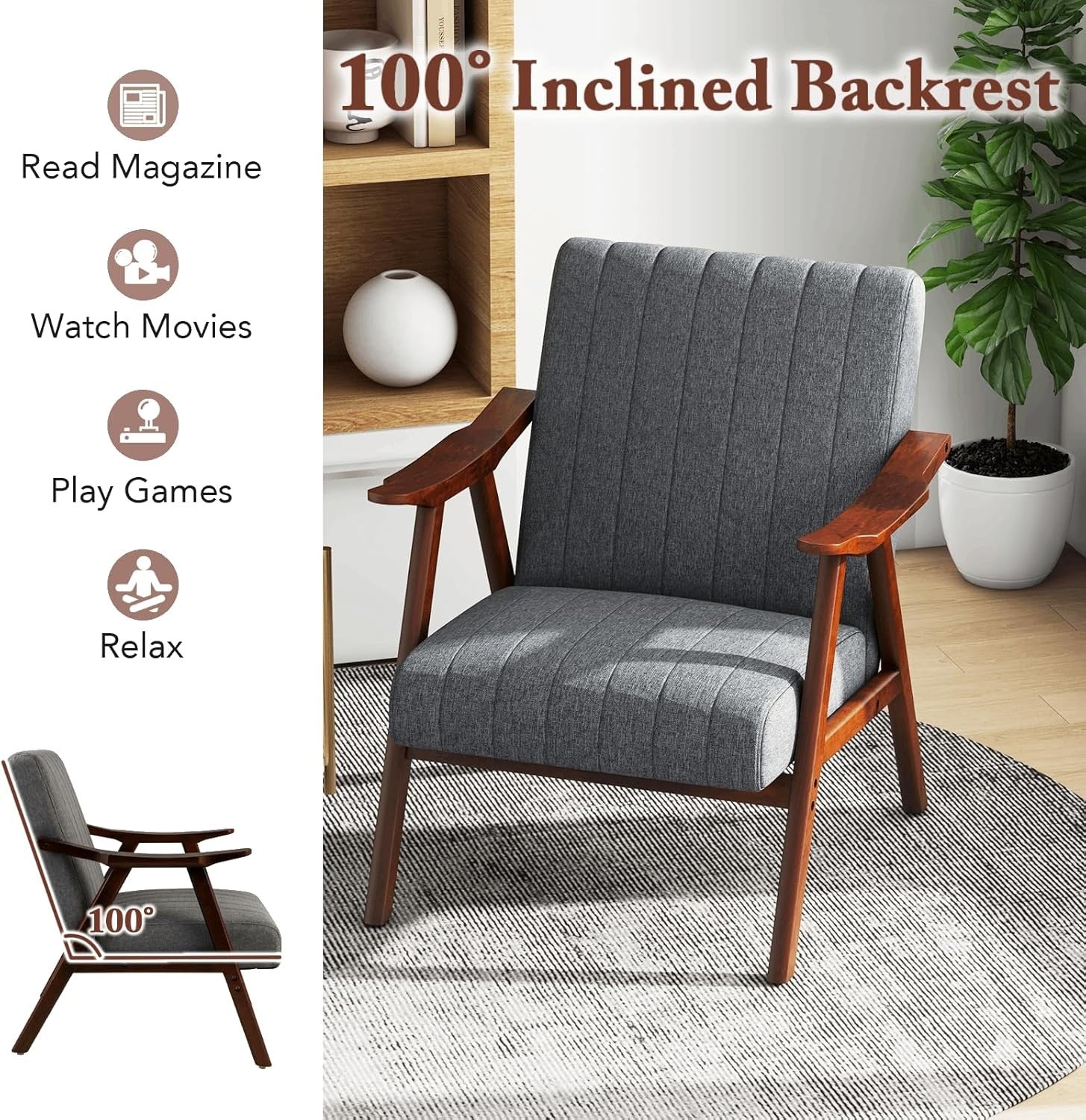 Light Grey Accent Armchair Modern Upholstered Lounge Chair Wood