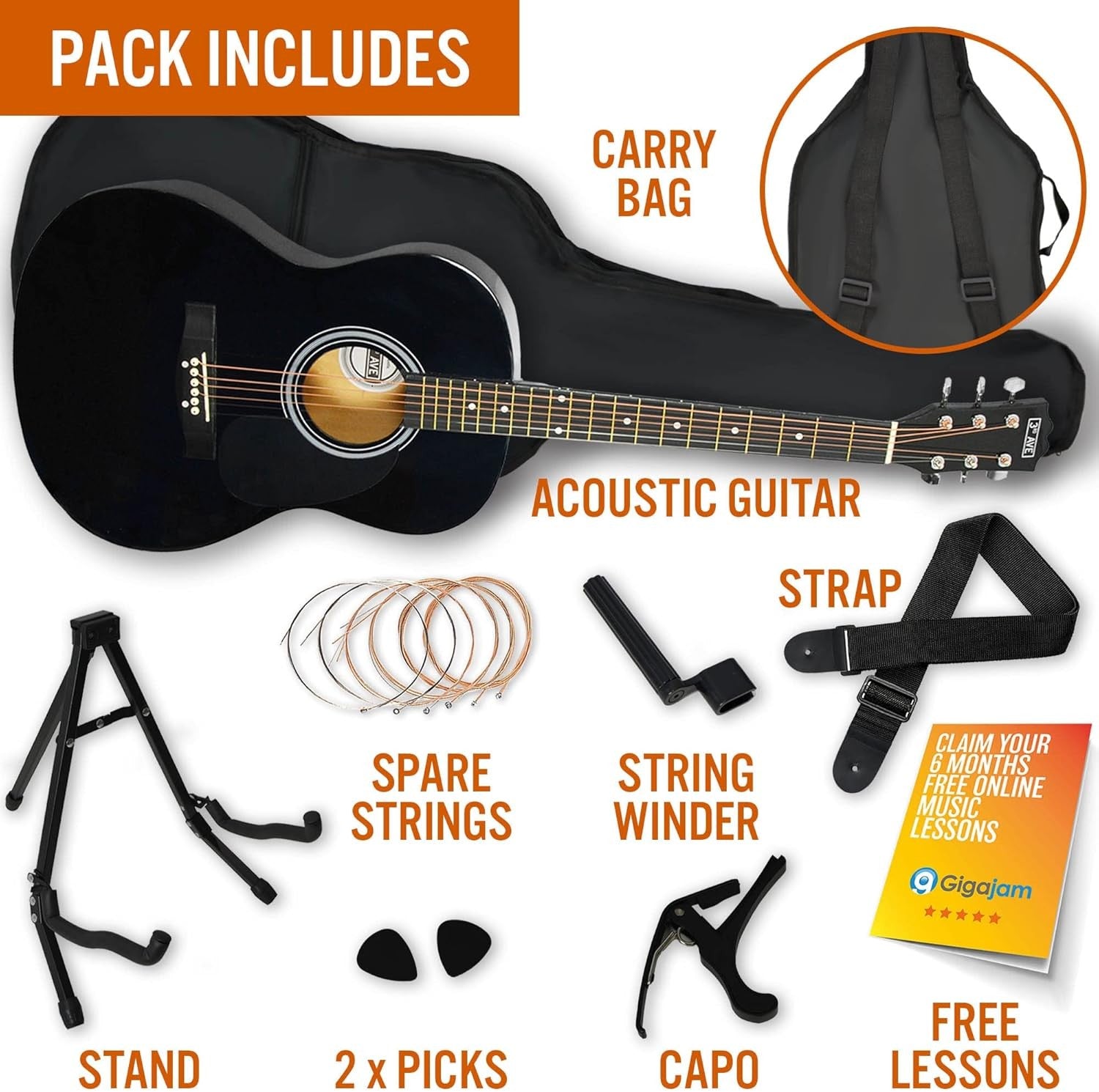 Full Size 4/4 Acoustic Guitar Starter Pack w Stand Bag Lessons