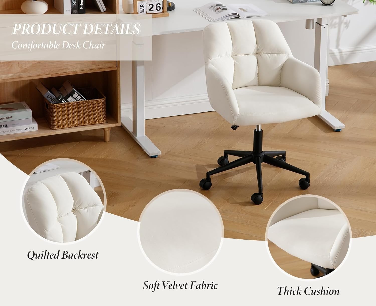Velvet Office Chair Swivel Grid Design Home Desk Study Solid Back Adjustable Sea